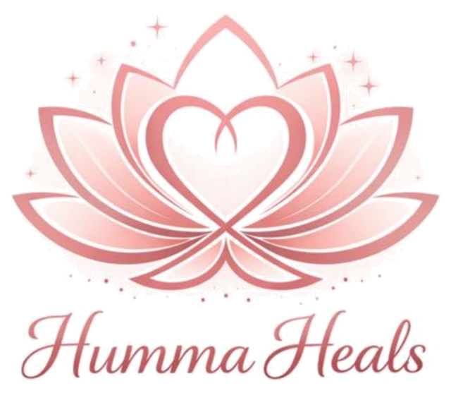 Humma Heals logo: a pink lotus flower with a heart at its center